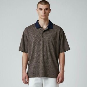 Vintage Ermenegildo Zegna Brown Patterened Knit Pullover Navy Collar Accent ~L